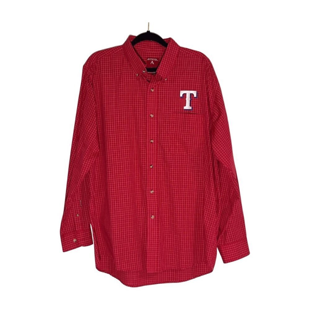 Antigua Texas Rangers MLB Button Down Shirt Red & White Long Sleeve Size L